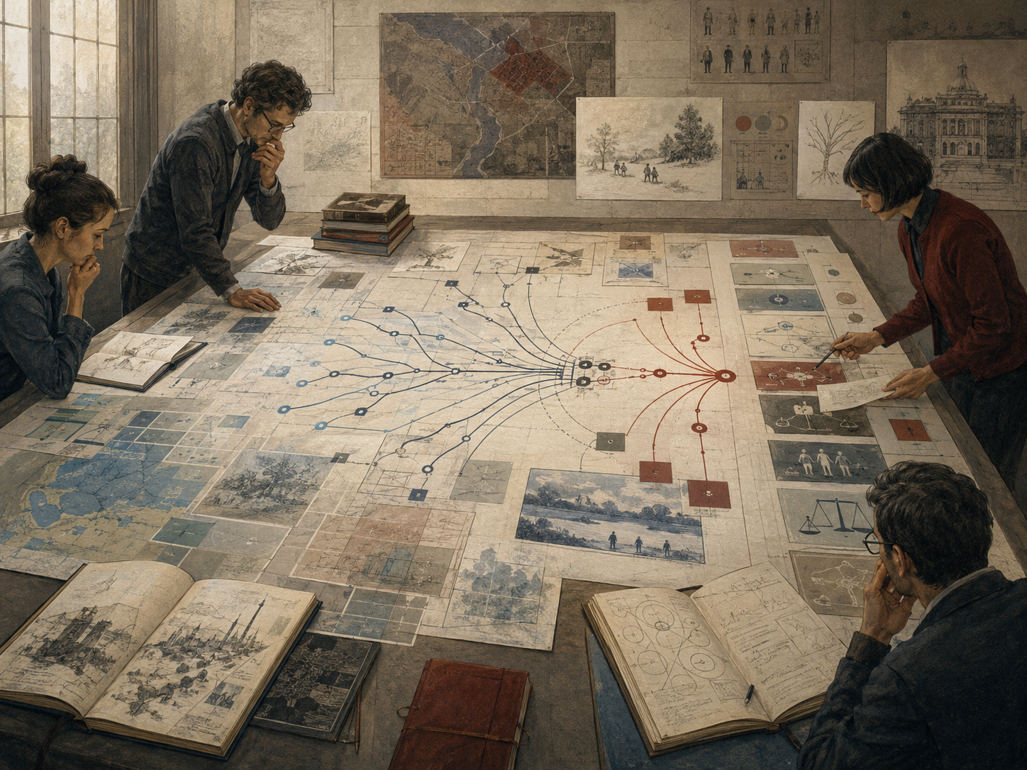 Researchers study maps, diagrams, decision cards, notebooks, and branching pathways on a large planning table, representing strategic ideation as structured creative reasoning.