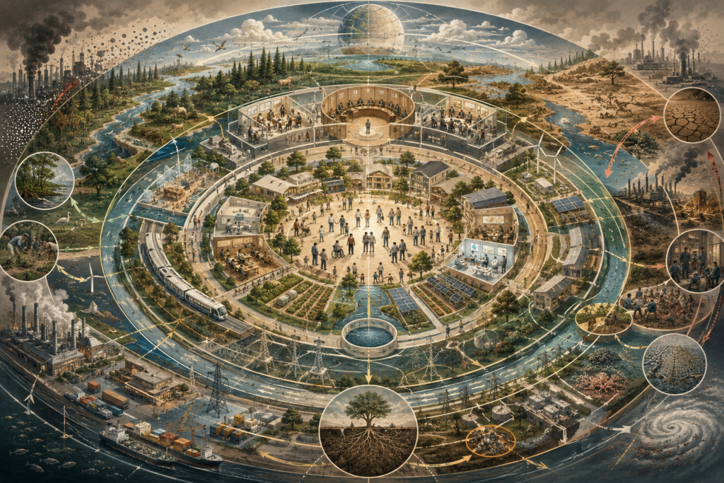 Editorial illustration of sustainable development as a circular systems landscape connecting human wellbeing, institutions, infrastructure, ecological limits, renewable energy, agriculture, water systems, climate risk, and long-run viability.