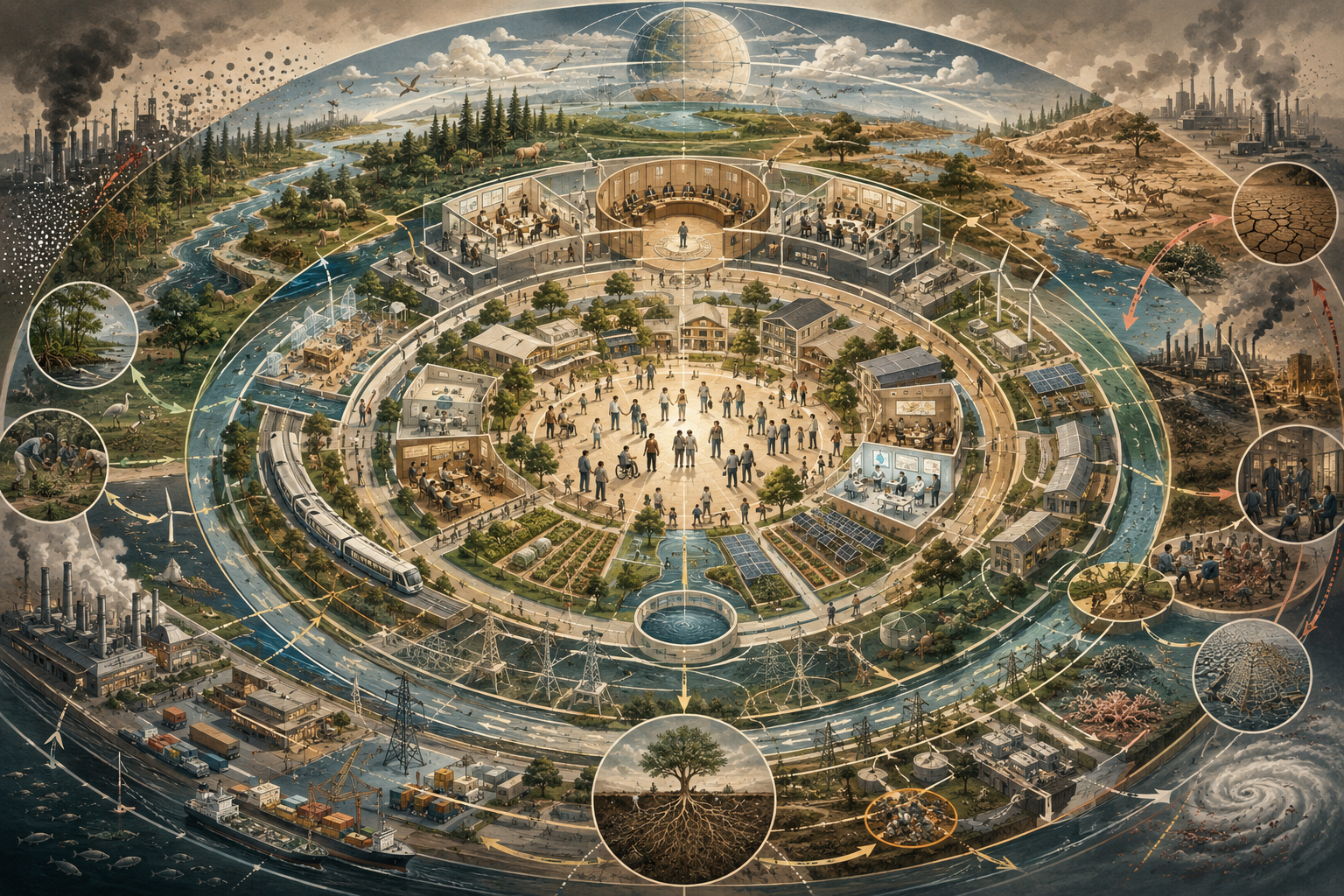 Editorial illustration of sustainable development as a circular systems landscape connecting human wellbeing, institutions, infrastructure, ecological limits, renewable energy, agriculture, water systems, climate risk, and long-run viability.