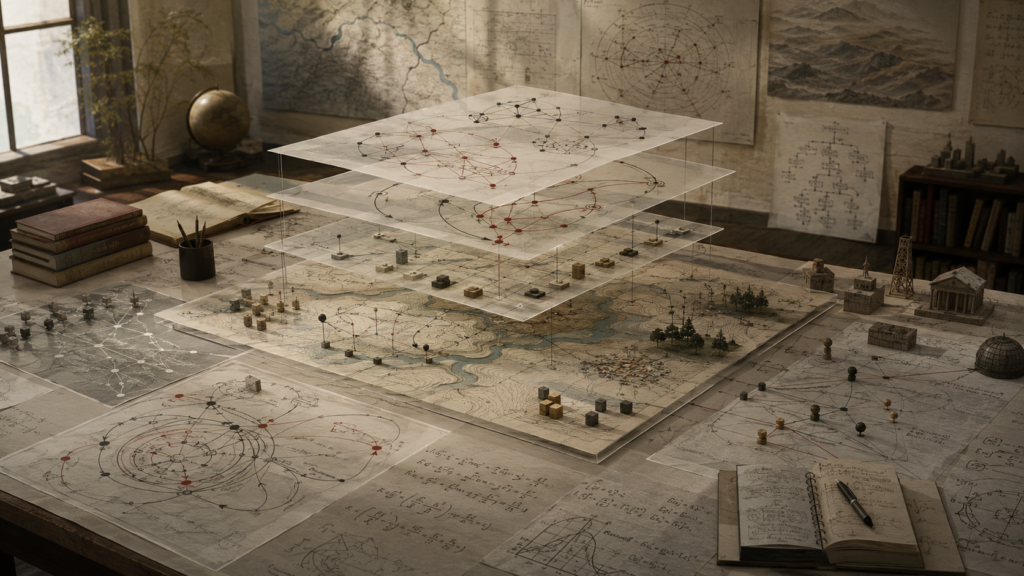 Layered systems model on a research table with maps, network diagrams, feedback loops, translucent planes, and small physical structures representing complex ecological, social, and infrastructure systems.