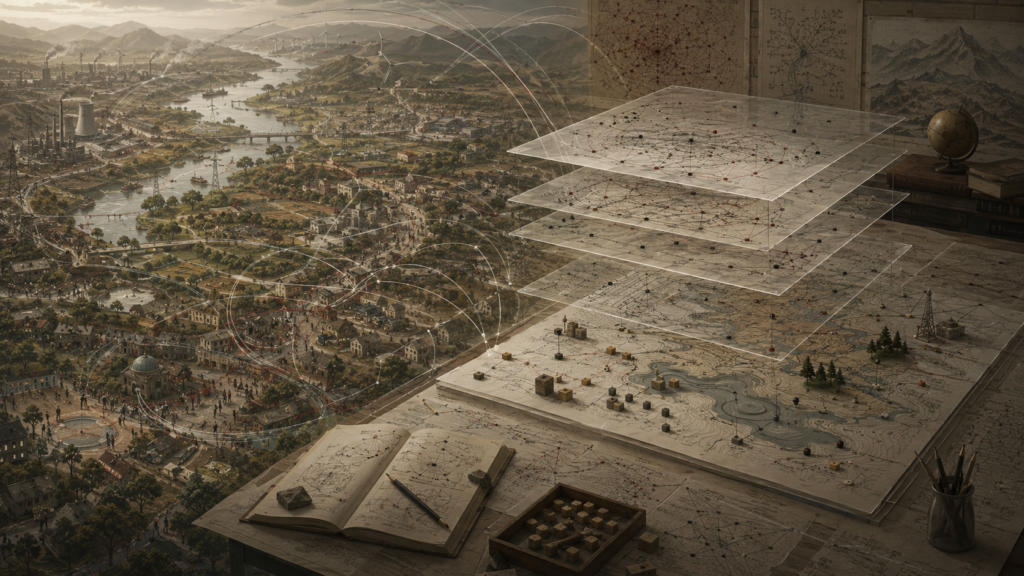 A dense interconnected landscape of cities, waterways, infrastructure, people, industry, and ecology transitions into a layered research-table model with maps, networks, feedback loops, and modular structures.