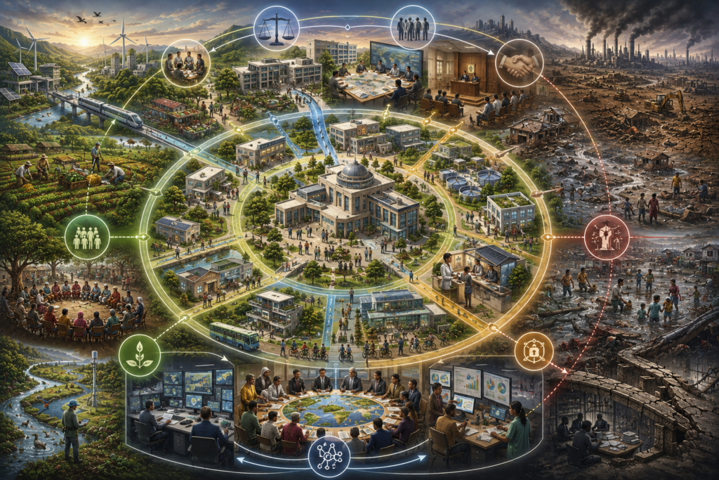 Abstract sustainability illustration of institutions and sustainable development, showing governance, coordination, accountability, public trust, justice, implementation capacity, resilience, policy coherence, and long-horizon development.
