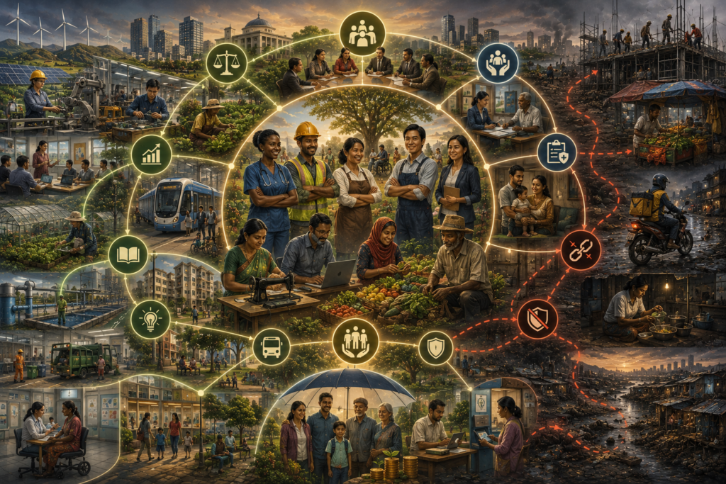 Abstract sustainability illustration of work, livelihoods, and decent employment, showing diverse workers, income security, labor rights, social protection, informal work, precarious work, care work, platform work, youth opportunity, and sustainable development.