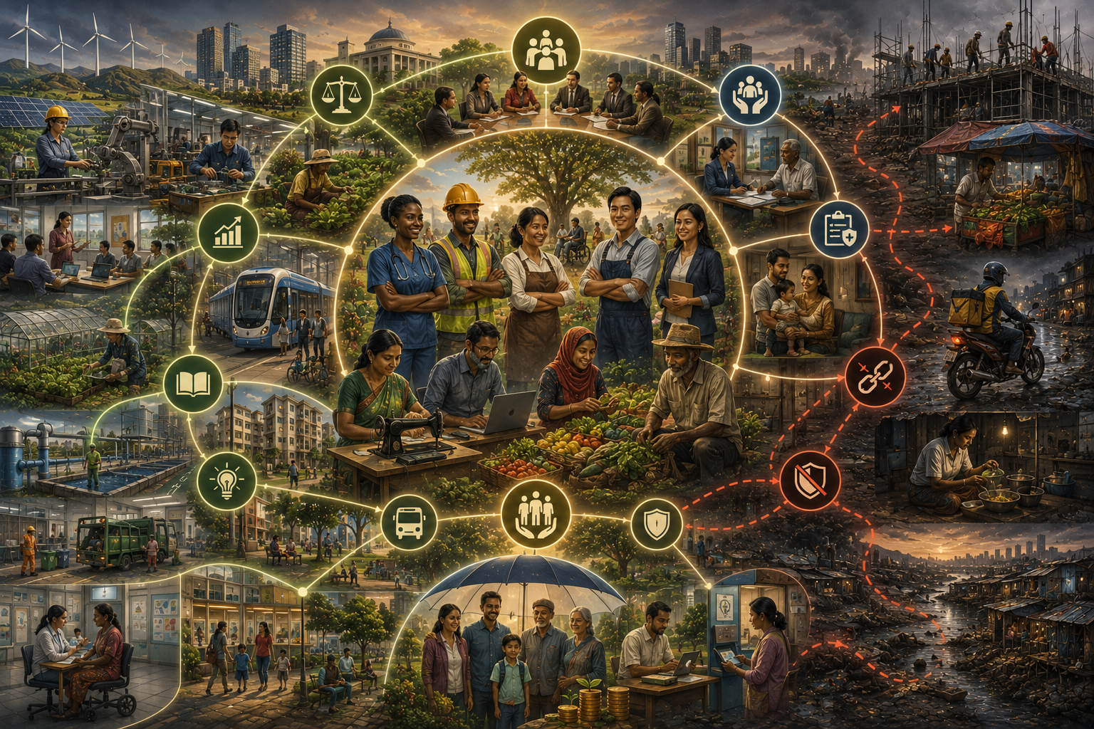 Abstract sustainability illustration of work, livelihoods, and decent employment, showing diverse workers, income security, labor rights, social protection, informal work, precarious work, care work, platform work, youth opportunity, and sustainable development.