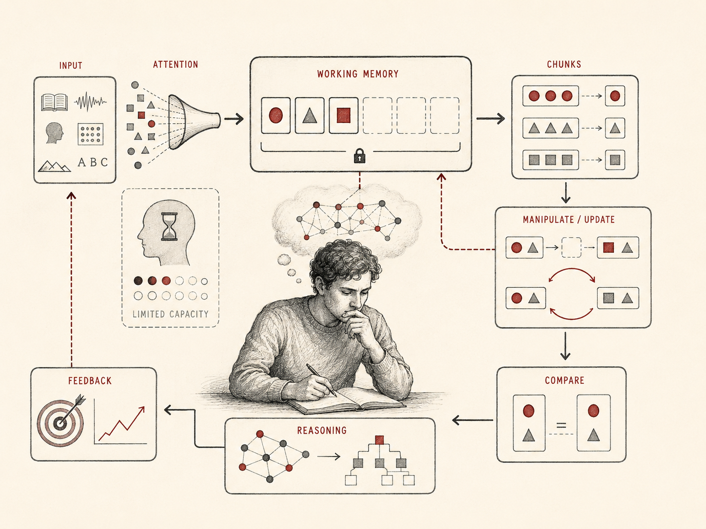 Restrained institutional research illustration showing working memory as a limited-capacity cognitive system that filters input through attention, temporarily holds information, chunks patterns, updates contents, compares alternatives, supports reasoning, and uses feedback.