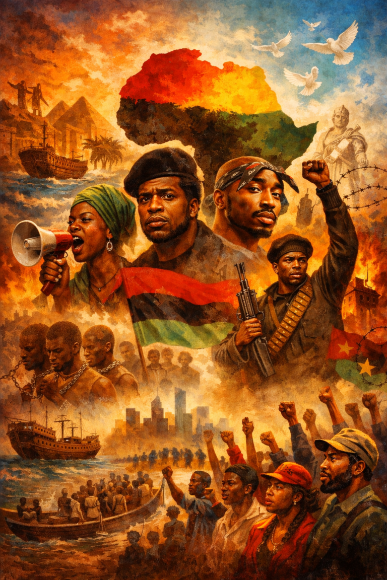 Editorial-style image depicting Pan-African and Black political thought through symbolic figures of resistance, the African continent, anti-colonial struggle, diaspora memory, and collective movements for liberation and justice