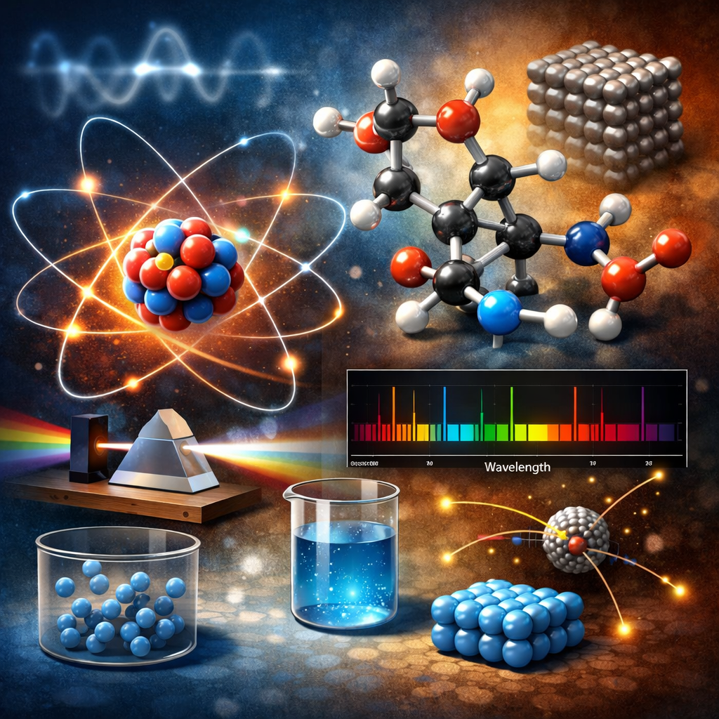 Editorial illustration of atoms, molecules, and the structure of matter featuring an atomic nucleus, molecular models, a crystal lattice, spectral analysis, light dispersion, and laboratory vessels.