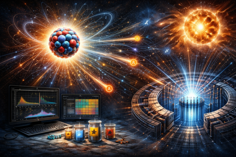 Editorial illustration of nuclear physics featuring an atomic nucleus, radiation-like emission paths, stellar fusion imagery, reactor-inspired geometry, isotope containers, and computational nuclear-data displays.