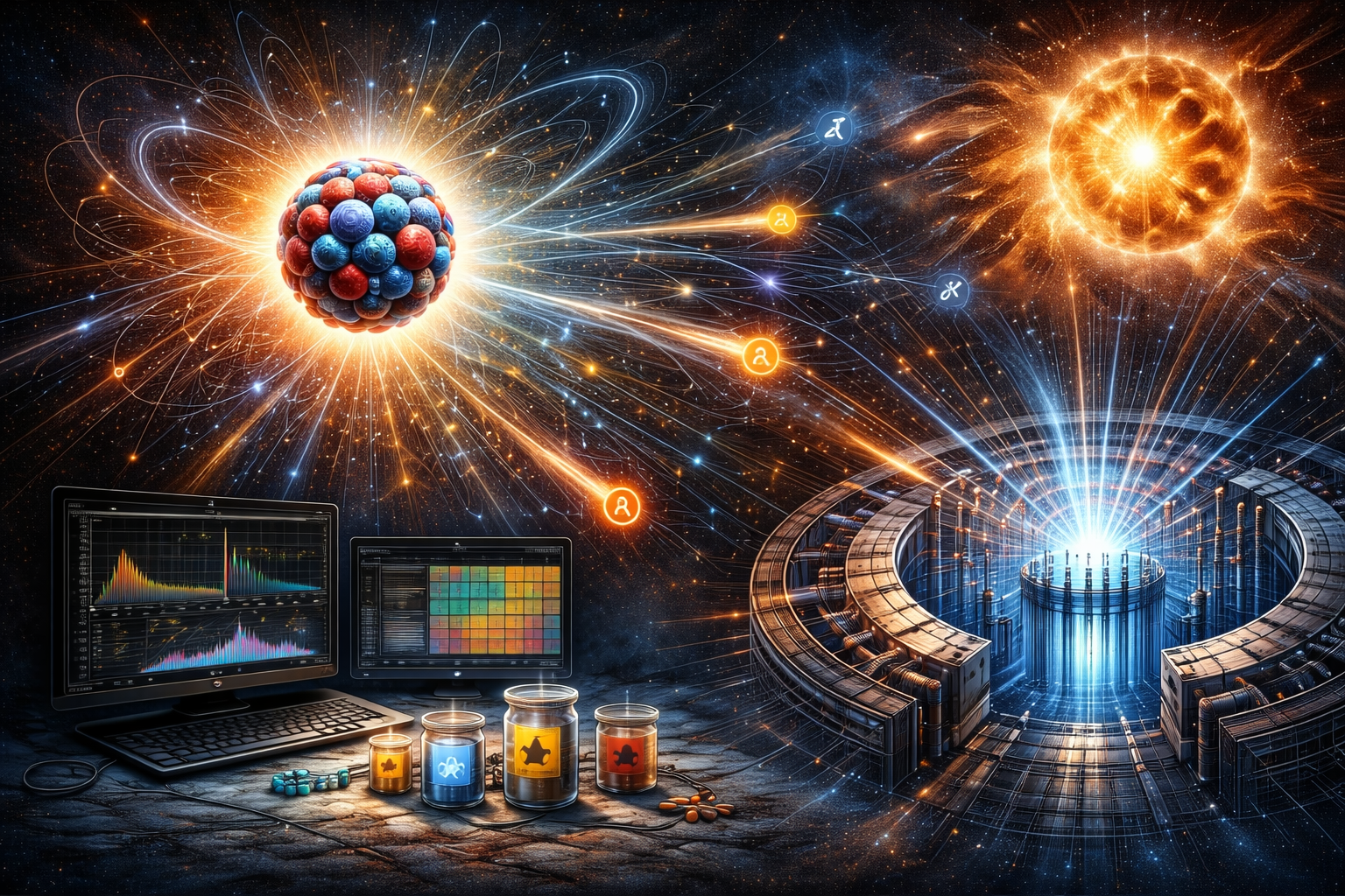 Editorial illustration of nuclear physics featuring an atomic nucleus, radiation-like emission paths, stellar fusion imagery, reactor-inspired geometry, isotope containers, and computational nuclear-data displays.