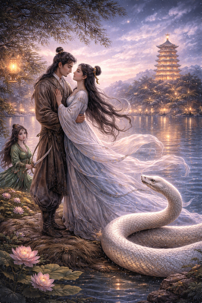 Mythic scene of Bai Suzhen and Xu Xian embracing beside West Lake with Xiaoqing nearby, Leifeng Pagoda in the distance, and a white snake coiled at the water’s edge