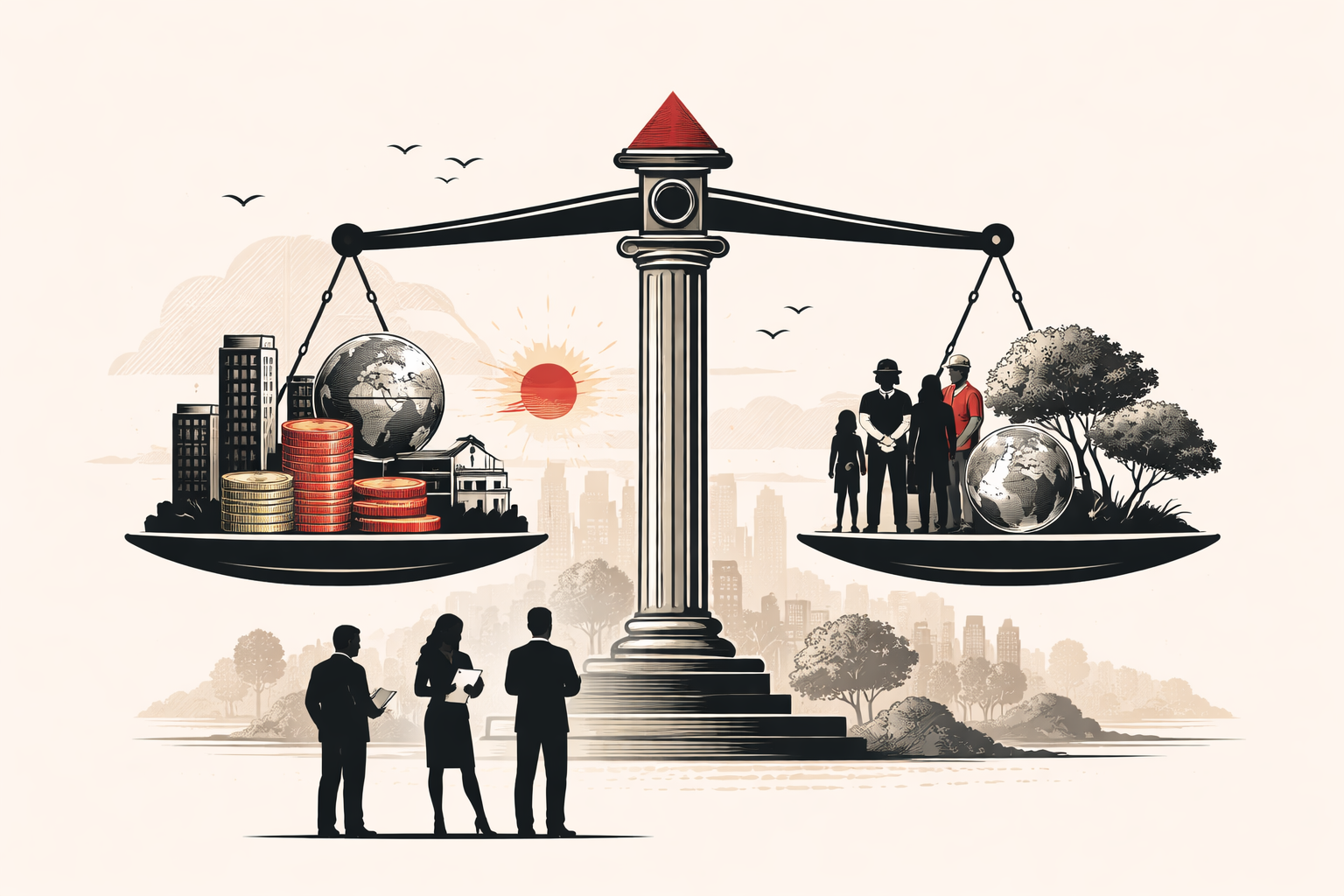 Conceptual editorial illustration of fiduciary duty in finance, showing a large balance scale supported by a classical column, with capital and urban development on one side and people, trees, and the globe on the other.