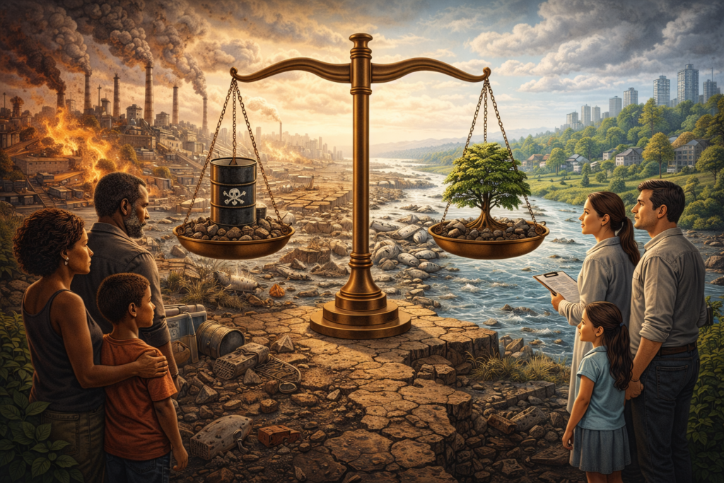 Editorial illustration for justice, equity, and the distribution of environmental burdens showing polluted industrial and healthy green communities separated by a central scale of justice, with families facing unequal environmental conditions.