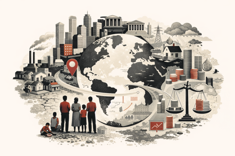 Editorial illustration of global inequality and development stewardship, showing a large globe surrounded by unequal landscapes, urban wealth, rural vulnerability, institutional buildings, financial symbols, and environmental stress.