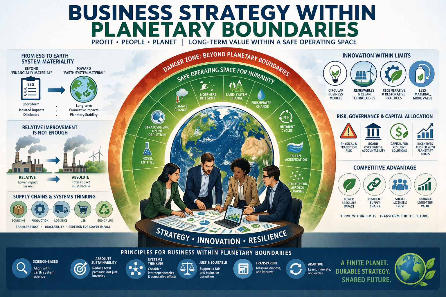 Infographic showing business strategy within planetary boundaries, with Earth inside a planetary-boundaries framework and surrounding visual references to ESG versus Earth system materiality, absolute sustainability, supply chains, innovation within limits, governance, capital allocation, and long-term competitive resilience.
