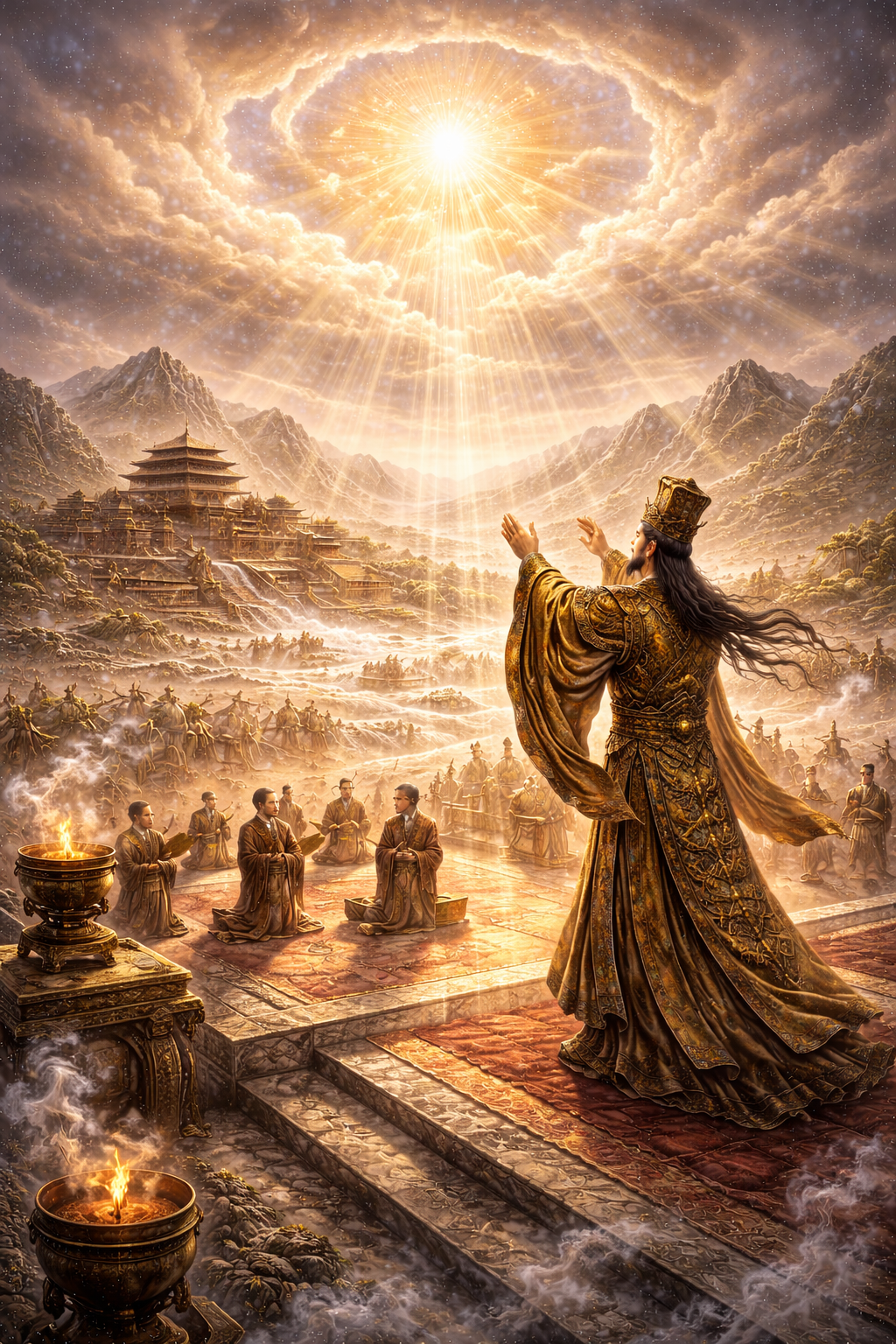 Mythic scene of an ancient Chinese ruler performing ritual beneath a radiant heavenly sky, with temples, officials, and symbols of cosmic legitimacy