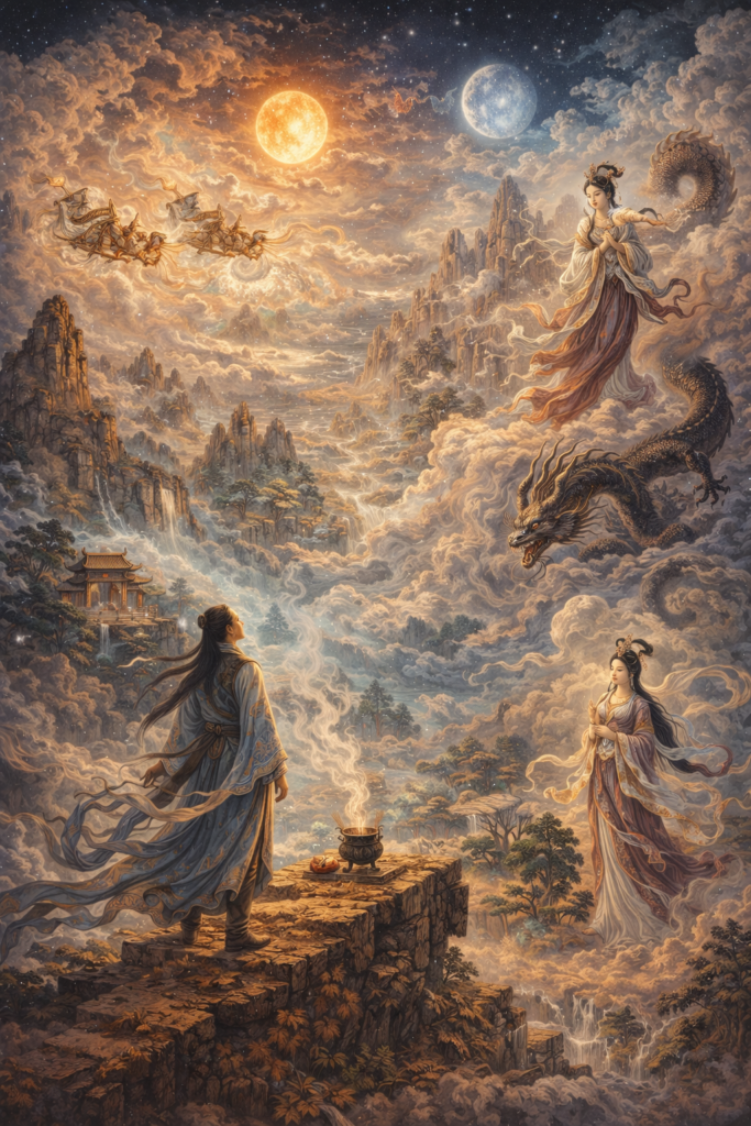 Chu Ci, with sacred landscape, visionary movement, divine presences, and cosmological atmosphere