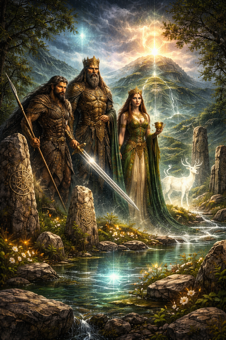 Digital painting inspired by Celtic mythology featuring heroic figures, sacred hills, standing stones, enchanted waters, and otherworldly landscapes.