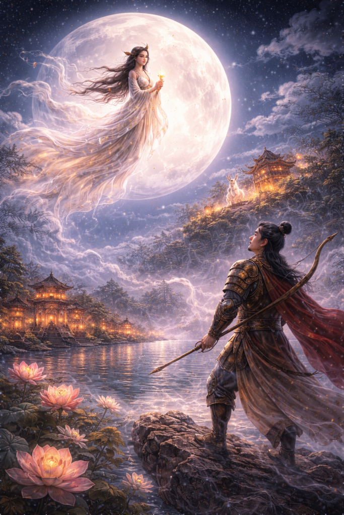 Mythic scene of Chang’e ascending toward the full moon while Hou Yi stands below with bow and longing gaze beside water, lanterns, and lotus blossoms