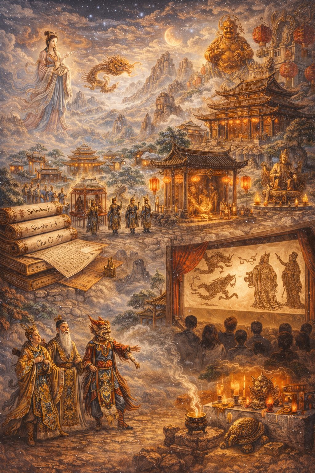 Detailed mythic Chinese scene showing classical texts, temples, ritual life, shadow puppetry, divine figures, and folklore performance across a sacred landscape