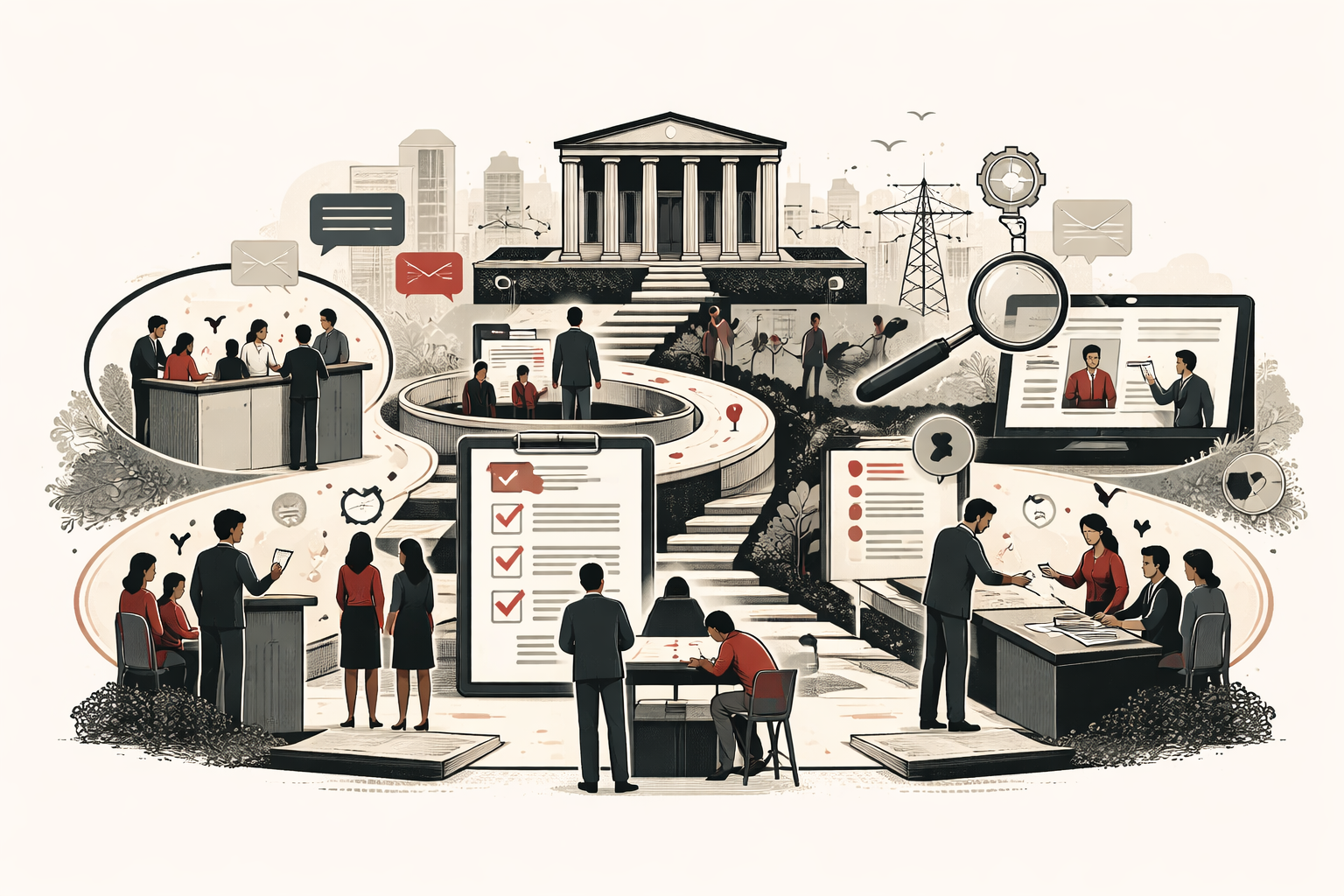 Editorial illustration of participation, accountability, and procedural justice, showing a civic institution connected to public forums, review pathways, documents, and citizens engaging in hearings, submissions, and administrative processes.