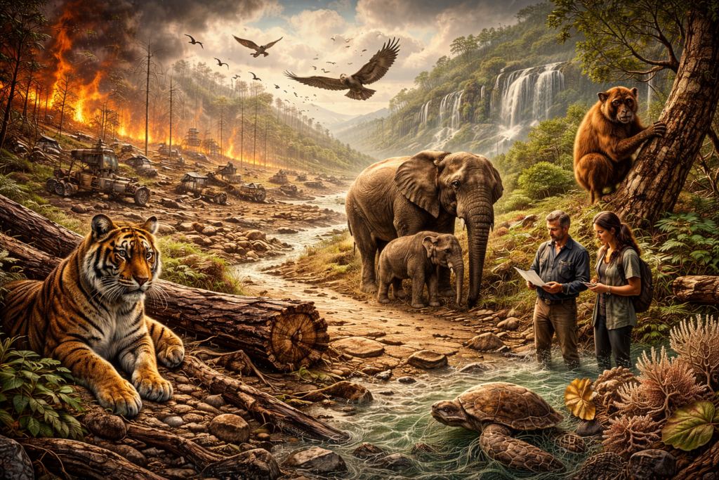 Editorial illustration for biodiversity loss and extinction showing a tiger, elephants, birds, a turtle, and a primate within a landscape divided between wildfire, logging damage, and surviving forest and river ecosystems, alongside two human observers documenting the crisis.