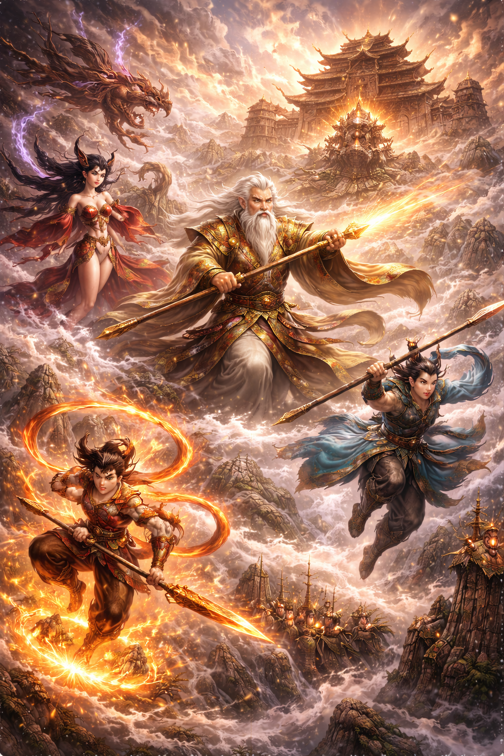 Mythic scene of Jiang Ziya, Nezha, Daji, and divine warriors amid storming skies, burning palaces, and cosmic conflict during dynastic transition