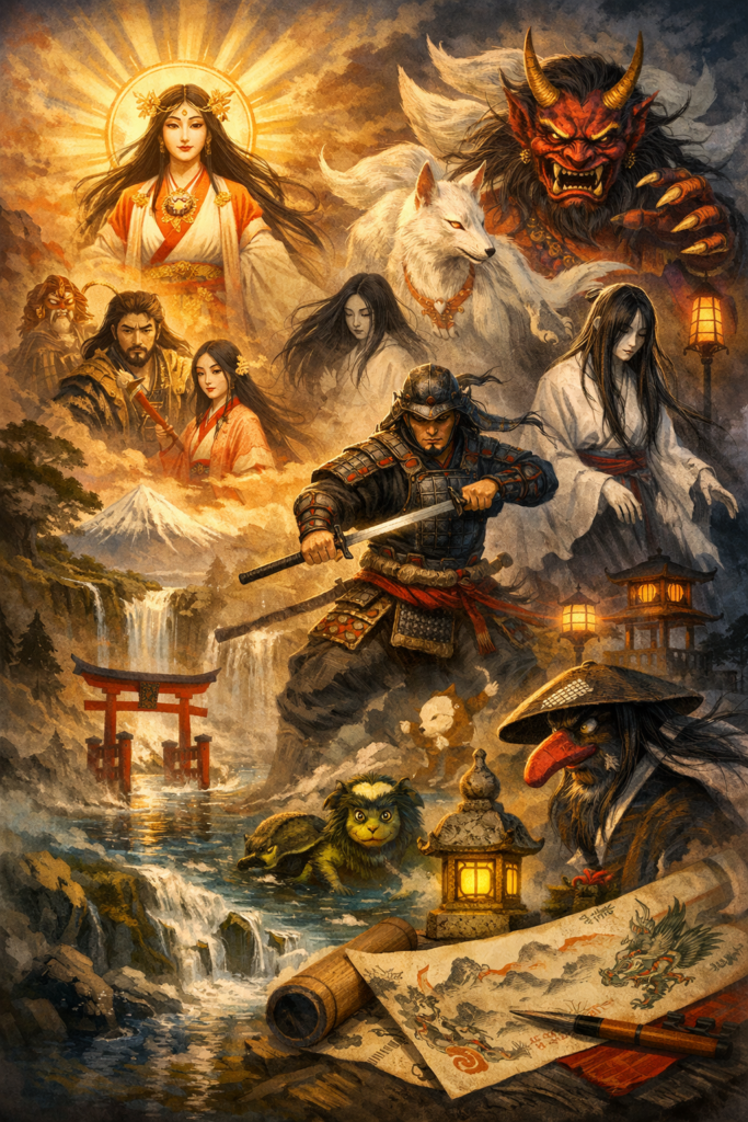 Digital painting of Japanese myth and folklore featuring Amaterasu, an oni, a fox spirit, ghosts, a samurai, a tengu, shrine gates, lanterns, waterfalls, and sacred landscape imagery.