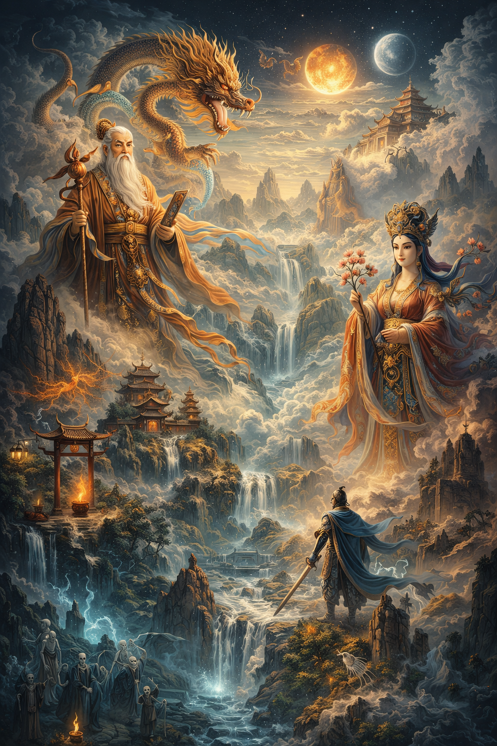 Mythic Chinese fantasy landscape with dragon, divine figures, sacred mountains, waterfalls, temples, celestial bodies, and supernatural underworld imagery