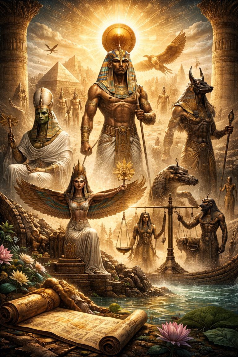 Digital painting inspired by Egyptian mythology featuring solar divinity, royal figures, temple columns, pyramids, winged goddess imagery, Anubis, the weighing of the heart, papyrus scrolls, and the Nile.