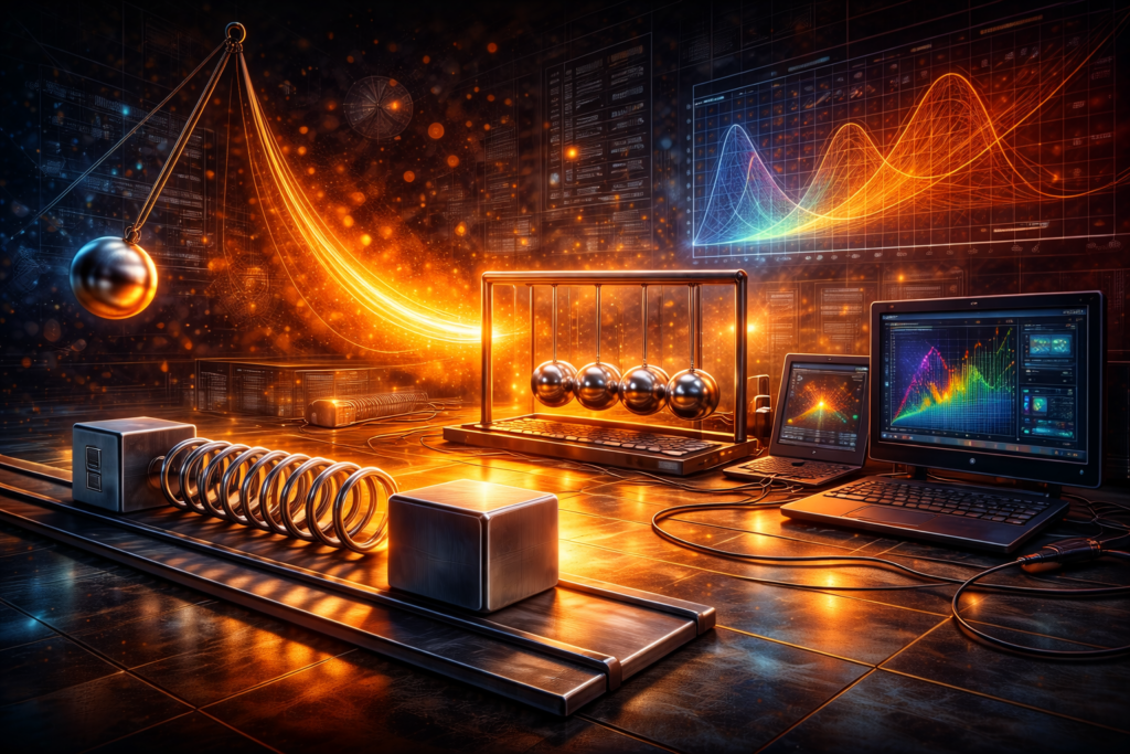Editorial illustration of energy and conservation in physics featuring a spring-block system, pendulum motion, Newton’s cradle, and computational modeling with no internal text