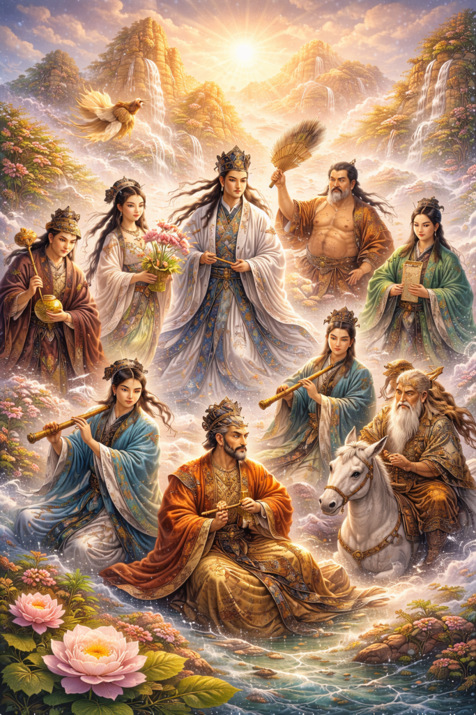 Mythic gathering of the Eight Immortals in a luminous landscape with sacred attributes, flowing clouds, and the festive imagination of Daoist transcendence