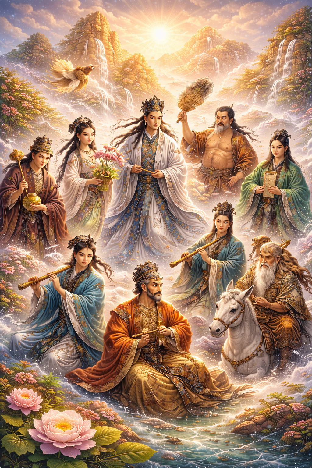 Mythic gathering of the Eight Immortals in a luminous landscape with sacred attributes, flowing clouds, and the festive imagination of Daoist transcendence