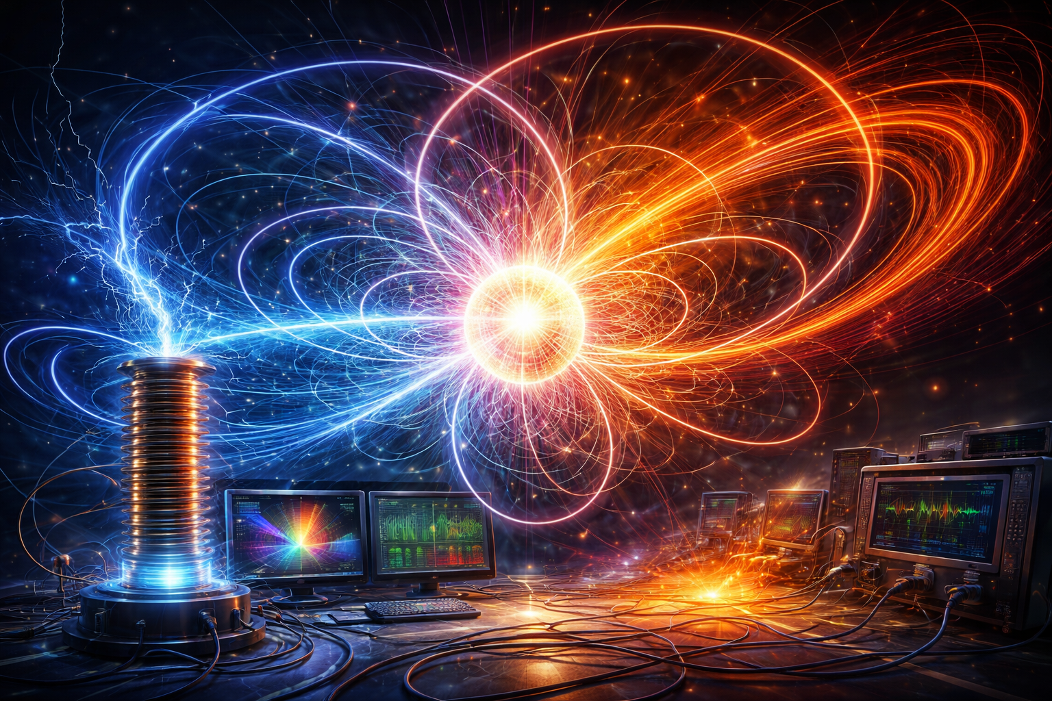 Editorial illustration of electromagnetism featuring electric and magnetic field motion, induction, laboratory instrumentation, and computational modeling with no internal text