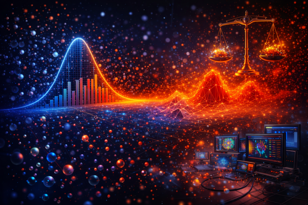 Editorial illustration of statistical physics featuring particle distributions, probability curves, emergent landscape forms, equilibrium balance, and computational modeling