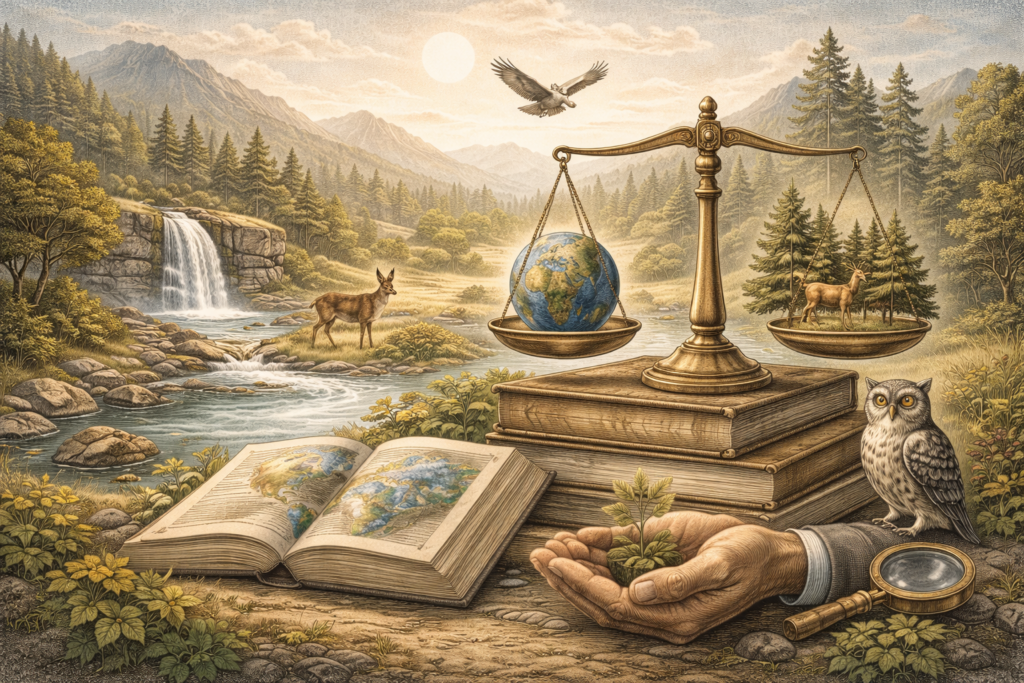 Editorial illustration for environmental ethics and the moral status of nature showing a mountain landscape, river and waterfall, wildlife, books, a balance scale with Earth and forest, a hand holding a young plant, and symbolic objects of ethical judgment and ecological care.