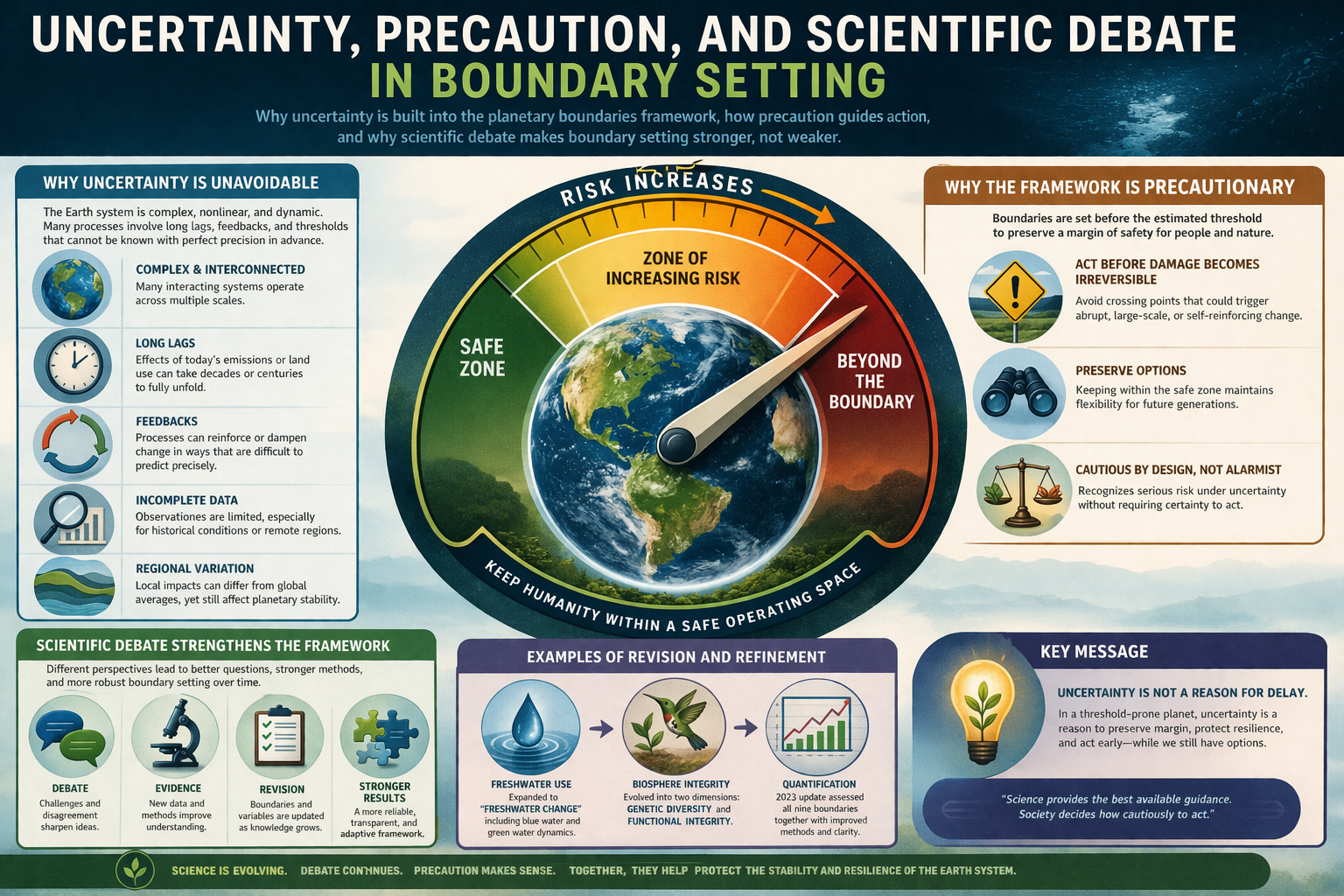 Infographic showing uncertainty, precaution, and scientific debate in boundary setting, with Earth split between safer and riskier operating spaces, a risk-zone gauge, and panels on uncertainty, precaution, scientific debate, revision, and early action.