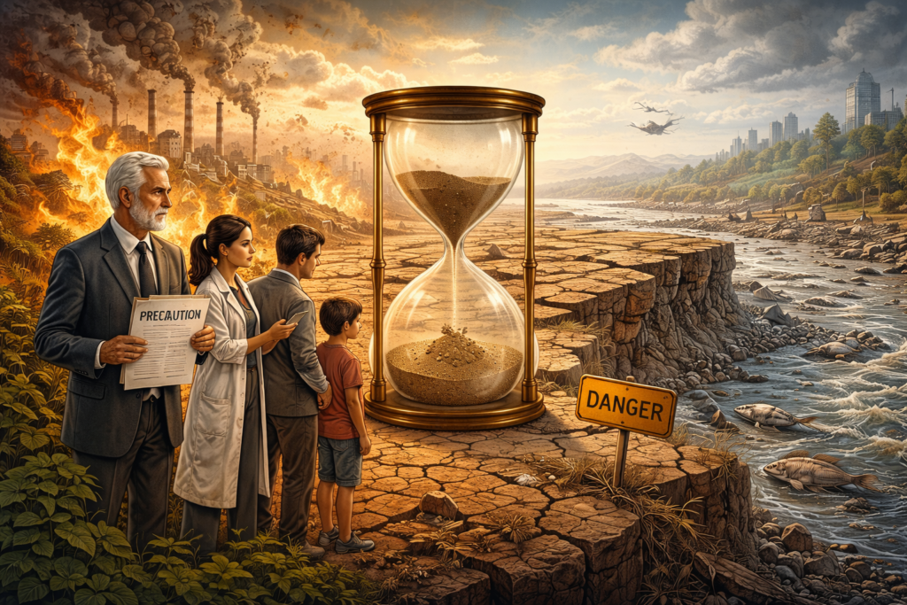 Editorial illustration for precaution, prudence, and irreversible harm showing an hourglass between a burning industrial landscape and a damaged river system, with observers, warning signs, and symbols of delayed environmental risk.