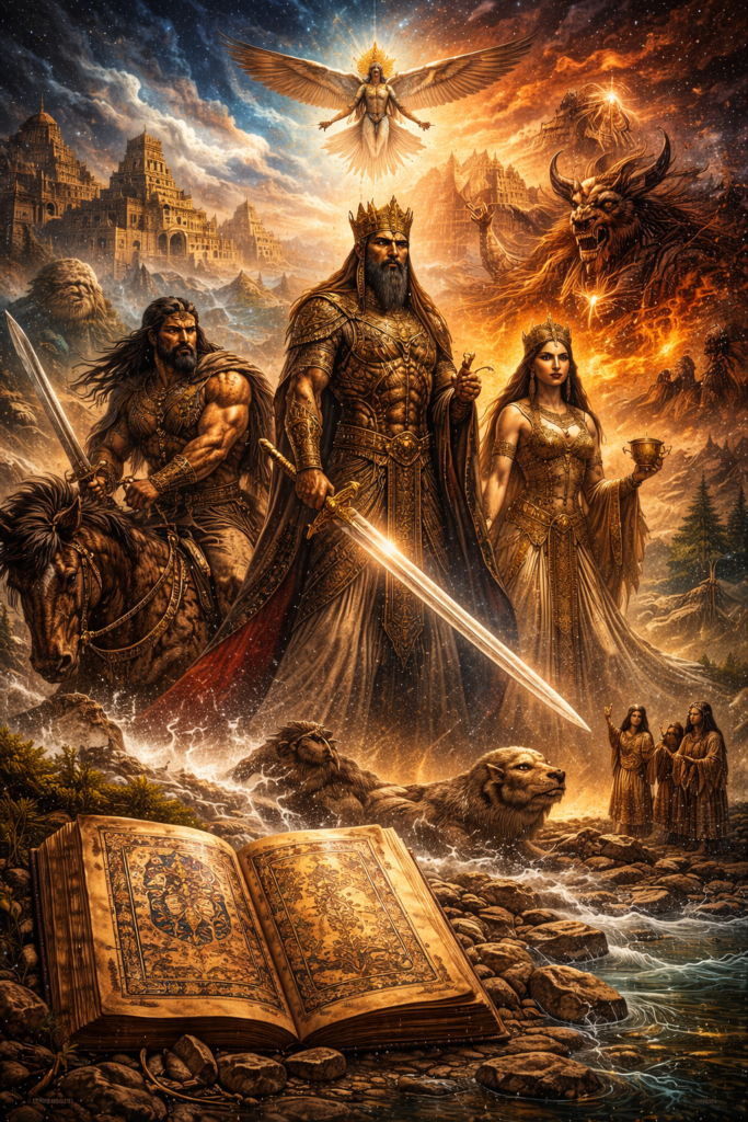 Digital painting inspired by Persian myth and epic featuring sacred kingship, heroic figures, mythic creatures, manuscript motifs, and an Iranian epic landscape.
