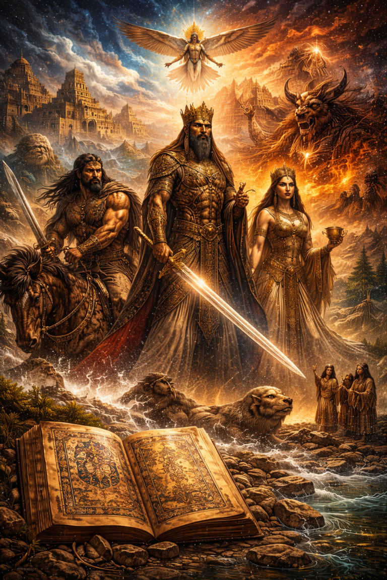 Digital painting inspired by Persian myth and epic featuring sacred kingship, heroic figures, mythic creatures, manuscript motifs, and an Iranian epic landscape.