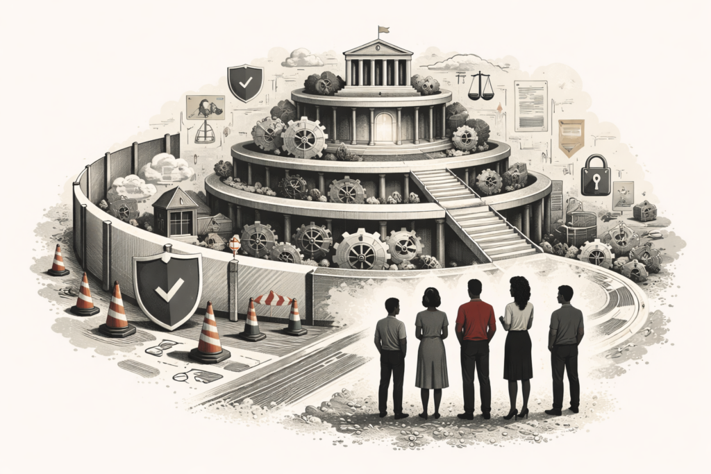 Editorial illustration of moral architecture, showing a layered institutional structure surrounded by safeguards, barriers, symbols of accountability, and human figures observing the deeper architecture of ethical governance.