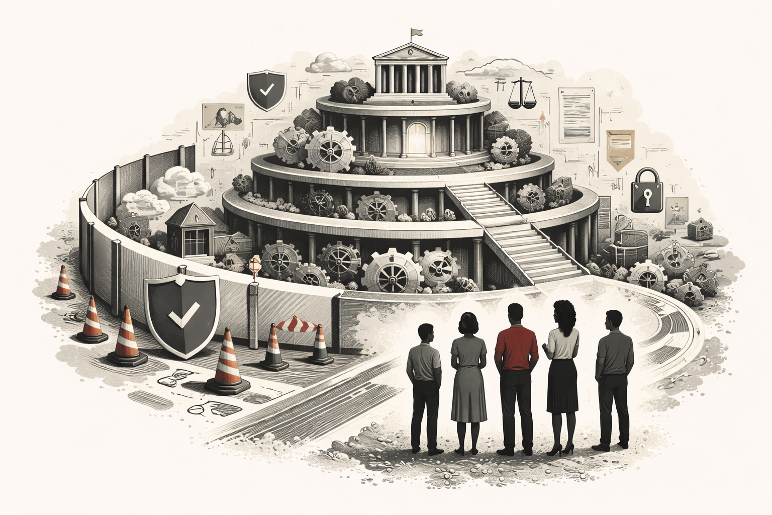 Editorial illustration of moral architecture, showing a layered institutional structure surrounded by safeguards, barriers, symbols of accountability, and human figures observing the deeper architecture of ethical governance.