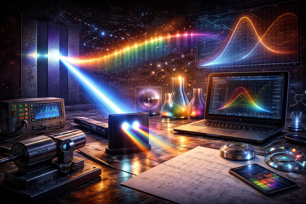 Editorial illustration of light, waves, and radiation featuring a double-slit setup, spectral color spread, optical instruments, and computational modeling with no internal text