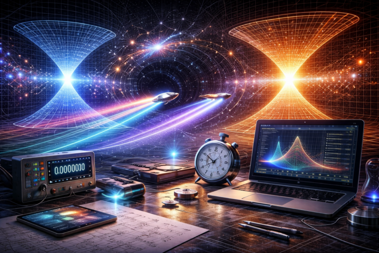 Editorial illustration of relativity featuring spacetime geometry, light paths, moving frames, and computational modeling with no internal text