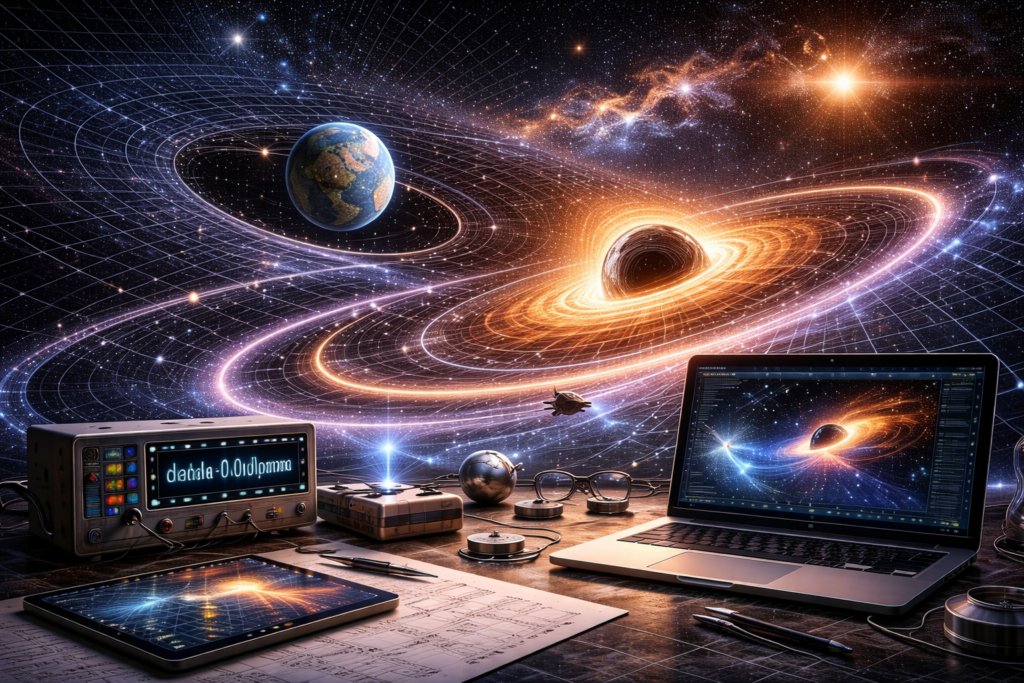 Editorial illustration of curved spacetime featuring a black hole, orbiting body, gravitational-wave-like ripples, and computational modeling with no internal text