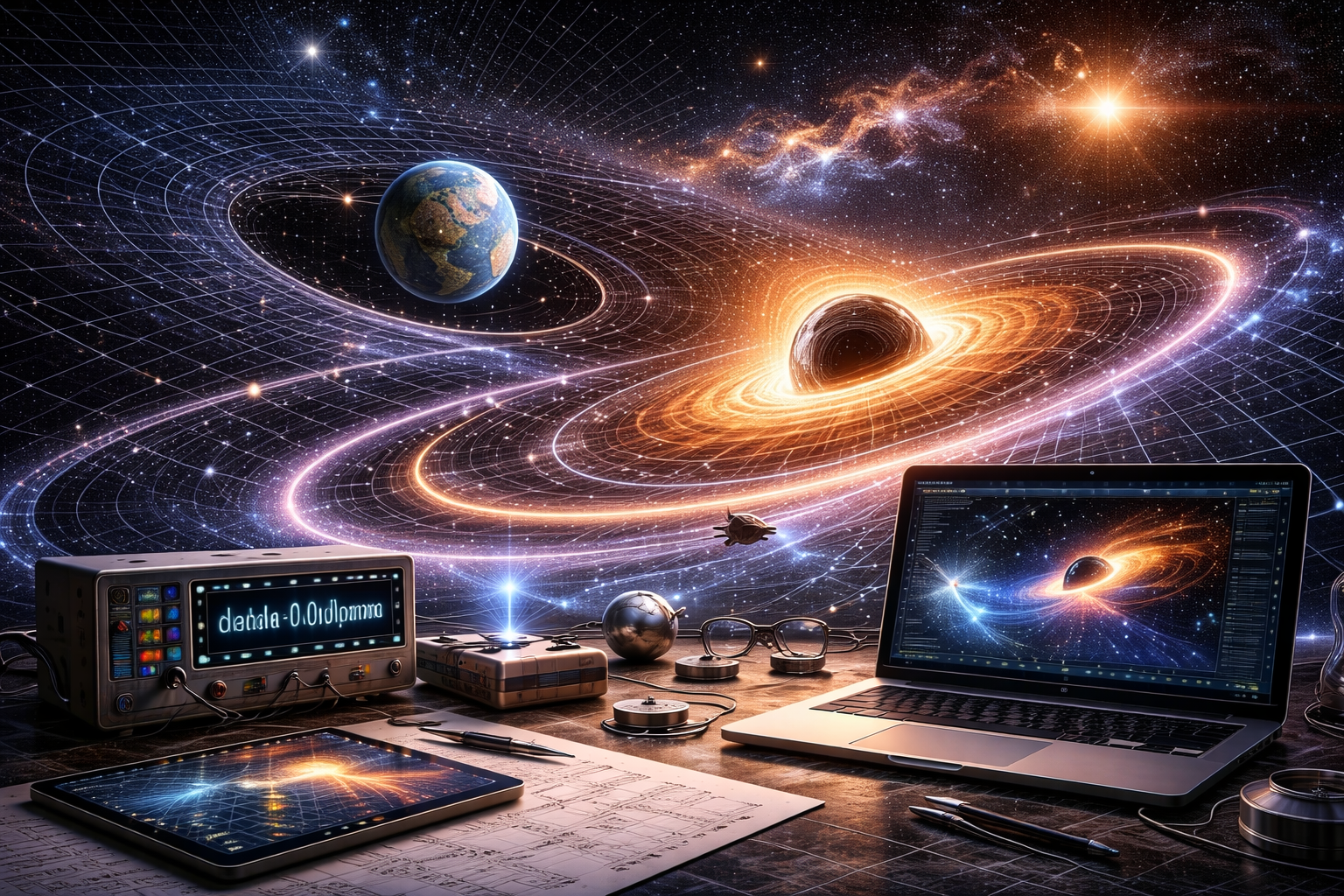 Editorial illustration of curved spacetime featuring a black hole, orbiting body, gravitational-wave-like ripples, and computational modeling with no internal text