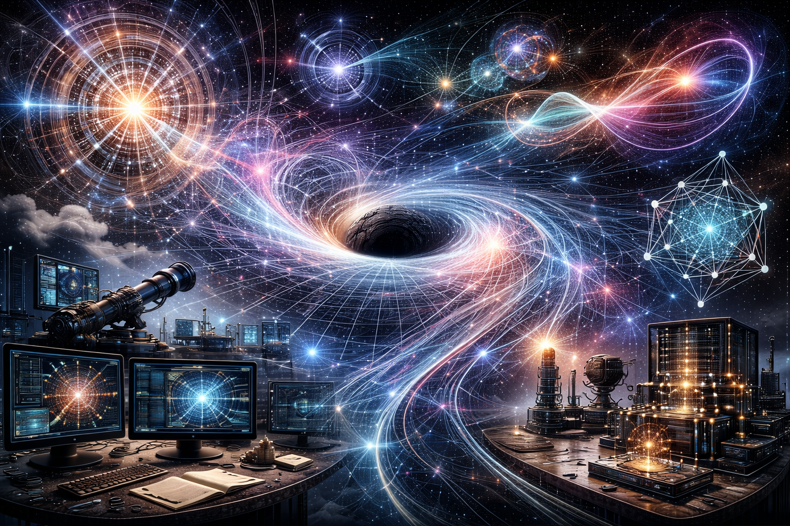 Editorial illustration of physics and the philosophy of reality featuring a warped spacetime structure, quantum-like interference patterns, geometric relational networks, observatory-style instruments, and computational analysis displays.