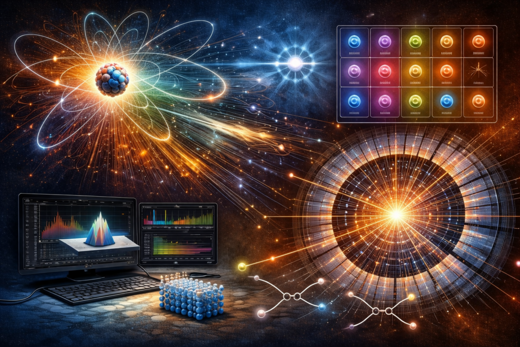 Editorial illustration of quantum fields, particles, and the Standard Model featuring abstract field excitations, particle-collision imagery, detector geometry, symmetry-inspired structures, and computational analysis displays.