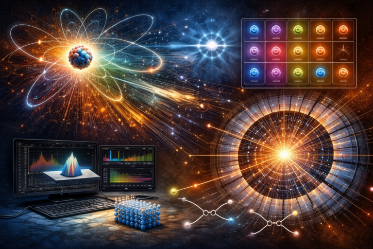 Editorial illustration of quantum fields, particles, and the Standard Model featuring abstract field excitations, particle-collision imagery, detector geometry, symmetry-inspired structures, and computational analysis displays.