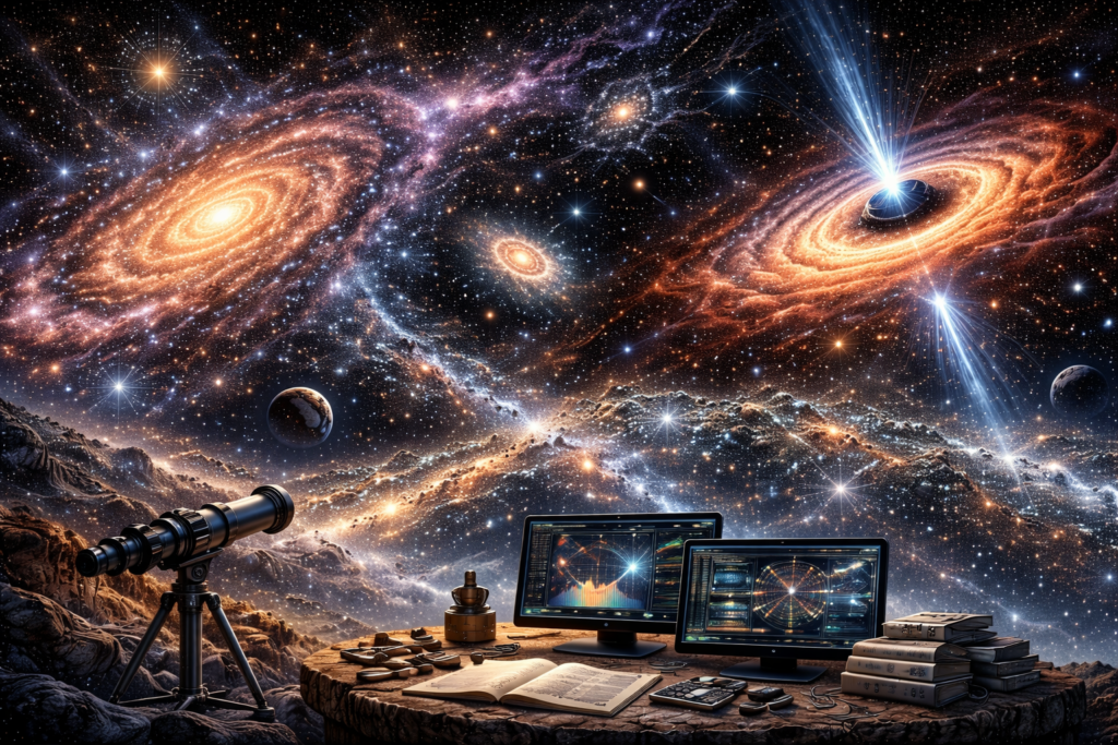Editorial illustration of galaxies, black holes, and the large-scale universe featuring spiral galaxies, a luminous accretion disk around a black hole, cosmic web-like filaments, distant planetary bodies, telescopic observation, and astronomical data-analysis screens.