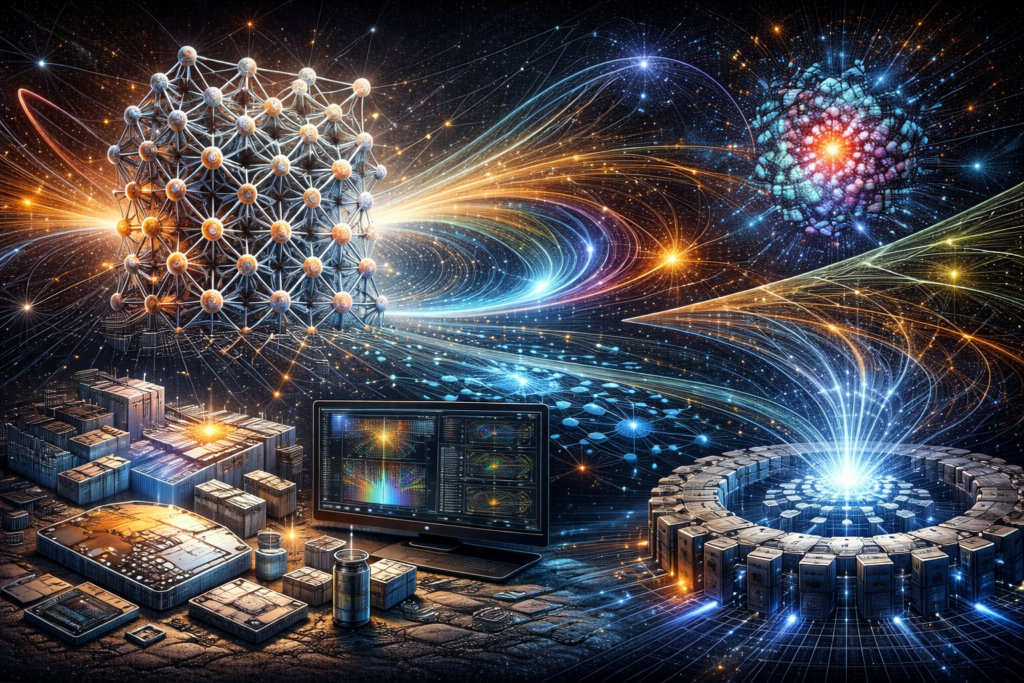 Editorial illustration of condensed matter and materials physics featuring a crystal lattice, flowing band-like light structures, semiconductor-inspired components, detector-style geometry, and computational materials analysis displays.
